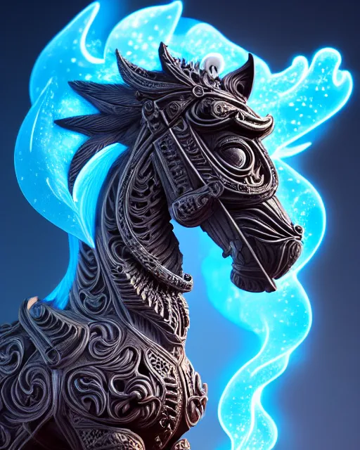 Image similar to 3 d ornate carved horse with profile portrait, sigma 5 0 0 mm f / 5. beautiful intricate highly detailed horse. bioluminescent, plasma, lava, ice, water, wind, creature, thunderstorm! artwork by tooth wu and wlop and beeple and greg rutkowski, 8 k trending on artstation