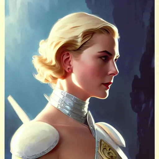 Image similar to Grace Kelly as Power Girl, western, D&D, fantasy, intricate, elegant, highly detailed, digital painting, artstation, concept art, matte, sharp focus, illustration, art by Artgerm and Greg Rutkowski and Alphonse Mucha