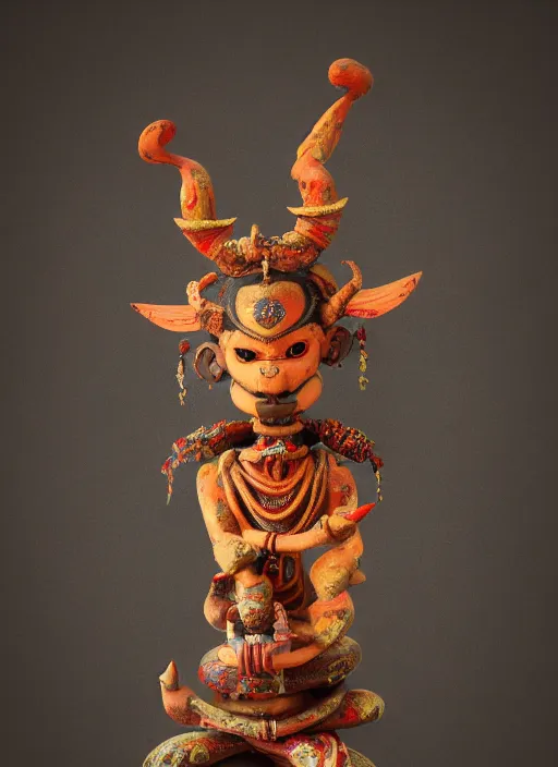 Image similar to an octane render of apagan ritualistic figurine, made of painted wood, voodoo statuette of a demon, volumetric lighting, beautiful design, hd render,