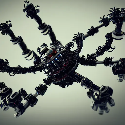 Image similar to mechanical spider robot with eight legs and strings, insane details, sharp focus, octane render