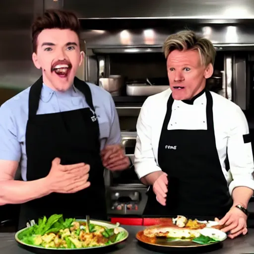 Prompt: Jacksepticeye cooks a 5 star meal, Gordon Ramsay is impressed and in shock