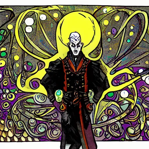 Prompt: Strahd von Zarovich ponders his orbs, psychedelic style