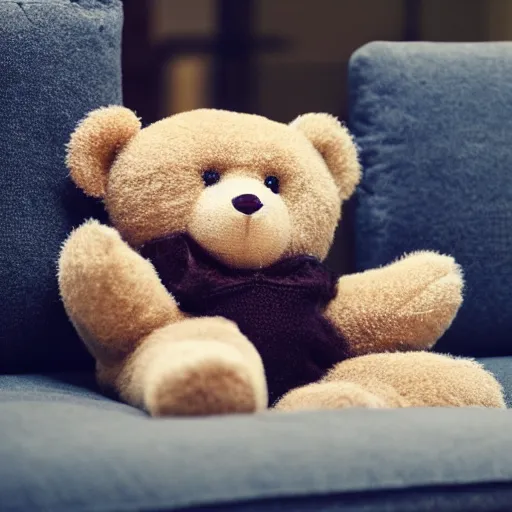 Image similar to a teddy bear on the couch staring at you with human eyes wearing a sweater vest, 4 k photo