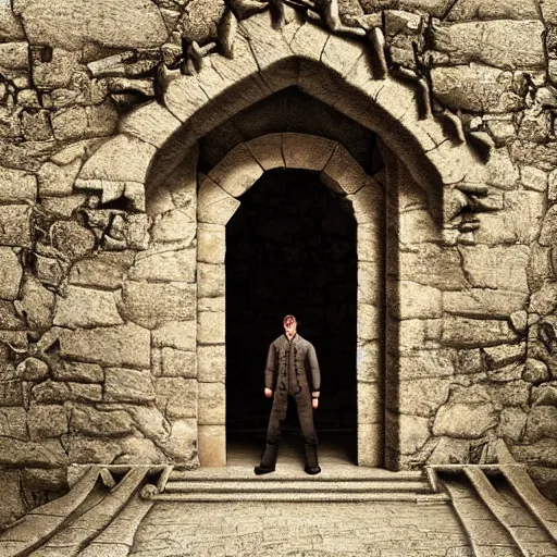 Image similar to man standing at the entranceway to dracula's castle, stone walls, large wooden door, gothic horror, victorian, photorealistic, hyperdetailed, matte painting, concept art