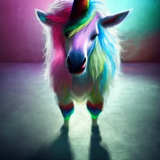 Image similar to full body pose, hyperrealistic photograph of a cute fuzzy rainbow unicorn, dim volumetric lighting, 8 k, octane beautifully detailed render, extremely hyper detailed, intricate, epic composition, cinematic lighting, masterpiece, trending on artstation, very very detailed, stunning, hdr, smooth, sharp focus, high resolution, award, winning photo, dslr, 5 0 mm