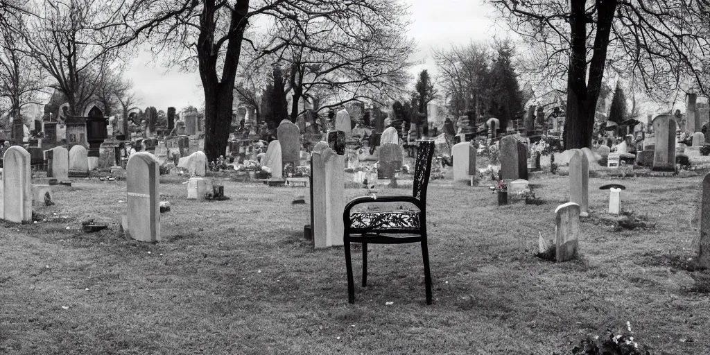 Prompt: a photo of a massive chair in a cemetery