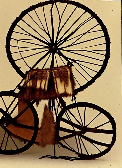 Image similar to realistic photo of a a medieval ritual astronomy appliance bicycle, made of wood white clay and fur with black wires 1 9 9 0, life magazine reportage photo, natural colors, metropolitan museum collection