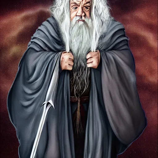 Image similar to danny devito as gandalf the white, lord of the rings movie, full body, high quality, wide angle, illustration, digital art, full color