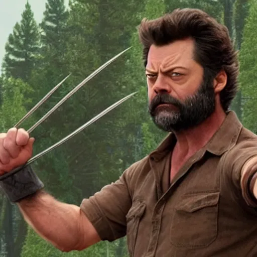 Image similar to logan wolverine pictured as nick offerman with 3 identical claws released off his wrist, photorealistic marvel movie still, detailed, 8 k, digital art