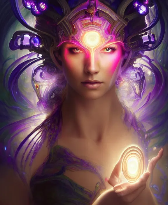 Image similar to a whirlwind of souls rushing inside the metaverse, half body, glowin eyes, tiara with sapphire, pharaoh, android, cyberpunk, d & d, fantasy, intricate, elegant, highly detailed, colorful, vivid color, digital painting, artstation, concept art, art by artgerm and greg rutkowski and alphonse mucha and ruan jia