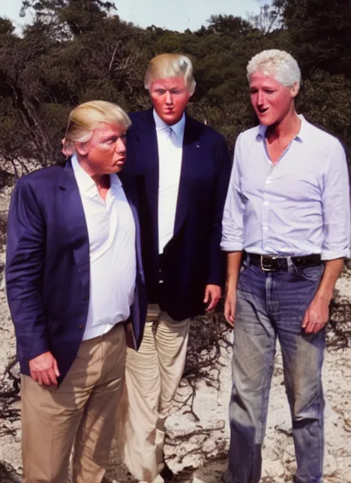 Prompt: polaroid of jeffrey epstein, bill clinton, and donald trump on an island