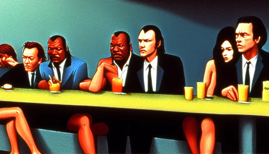 Image similar to jules from pulp fiction, christopher walken, gary oldman and ving rhames. in line at big kahuna burger. by edward hopper