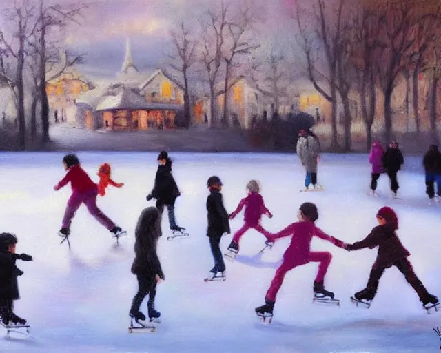 Image similar to Children ice skating. Oil painting by Lisa Yuskavage.