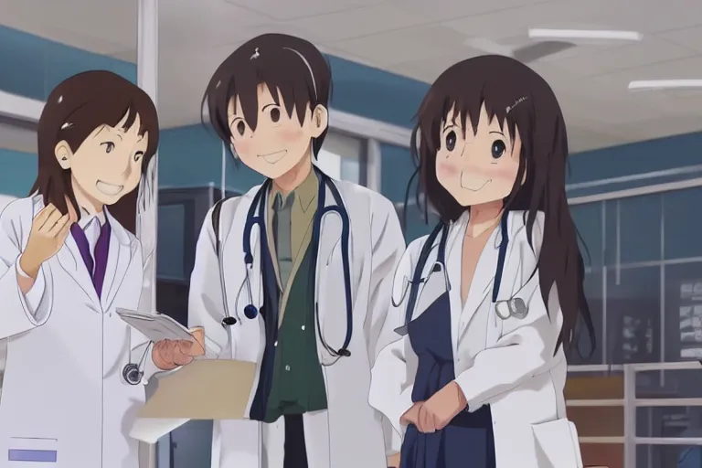 Image similar to a cute young female doctor wearing white coat, an old man of 80 years in a wheelchair, hospital ward, slice of life anime, cinematic, realistic, anime scenery by Naoshi Arakawa:8 and Makoto shinkai