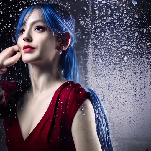 Image similar to a beautiful girl with long blue ponytail, bangs, pale skin, wearing red formal attire, highly detailed, 8 k, octane render, professional portrait, realistic oil painting, rainy window, water droplets frozen in time, god rays,