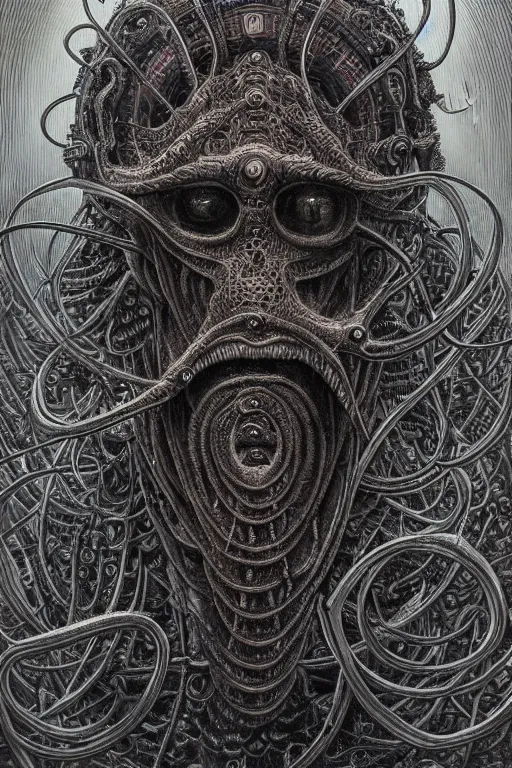 Image similar to highly detailed portrait of cthulu by alex grey, patrick woodroffe, mark ryden created by gustave dore and greg rutkowski, high detailed, smooth draw, synthwave neon retro, intricate, realistic proportions, dramatic lighting, trending on artstation