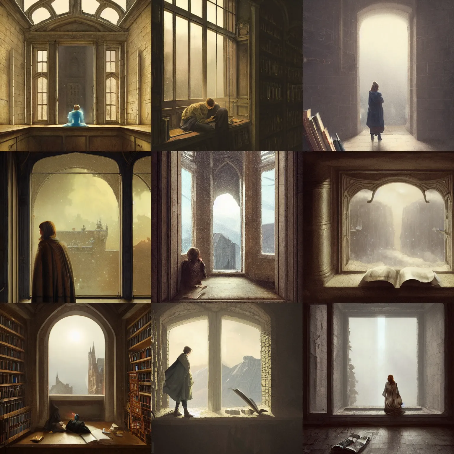 Prompt: figure looking through a wide window, castle library, cold nightfall, lonely, cliff landscape, photorealistic by michael komarck, greg rutkowski, victo ngai, artgerm, willem claesz heda