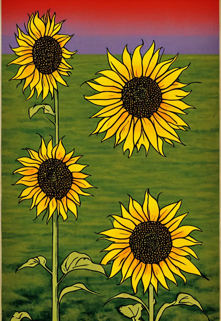 Image similar to A communist Propaganda Poster of a single sunflower in a vast dry field.