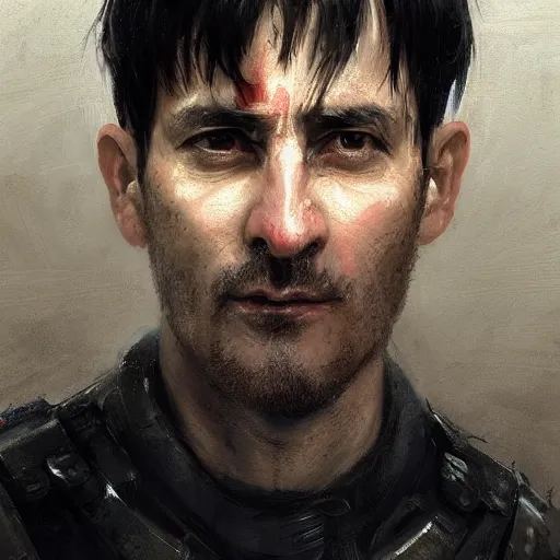 Image similar to Portrait of a man by Greg Rutkowski, he is about 40 years old, short black hair with bangs, his features are a mix between French, Turkish and Russian, expression of helplessness, sadness and resentment, he is wearing a futuristic tactical gear, highly detailed portrait, digital painting, artstation, concept art, smooth, sharp foccus ilustration, Artstation HQ.