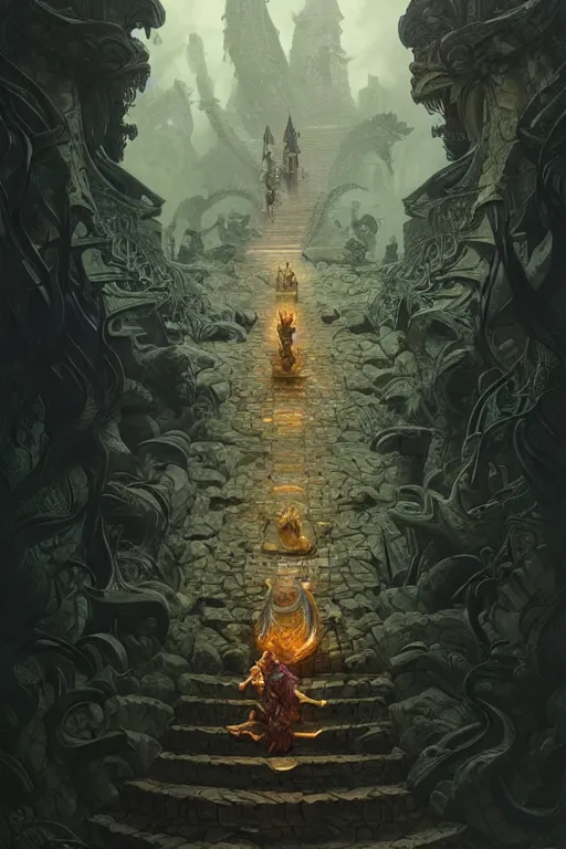 Image similar to deadly path to the crocodile god lair, menacing statues, deep focus, d & d, fantasy, intricate, elegant, highly detailed, digital painting, artstation, concept art, matte, sharp focus, illustration, hearthstone, art by artgerm and greg rutkowski and alphonse mucha