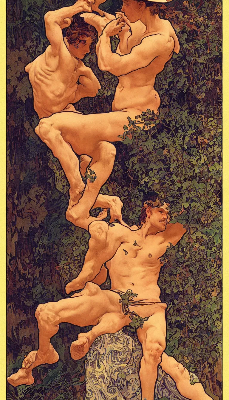 Prompt: a beautiful painting of a shirtless cowboy, dadbod, homoerotic, tarot card, art deco, art nouveau, by Alphonse Mucha, by Maxfield Parrish by Charles Maurice Detmold, by artgerm, trending on artstation