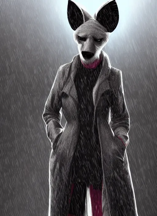 Image similar to digital artwork of anthromorphic hyena female, fursona, furry fandom, rainy cyberpunk setting, anthro, wearing large raincoat,