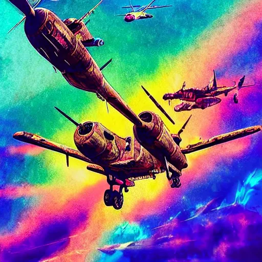 Image similar to “ battle of normandy in the style of lisa frank, historical photograph, aerial photo, wide angle, realistic, cyberpunk ”