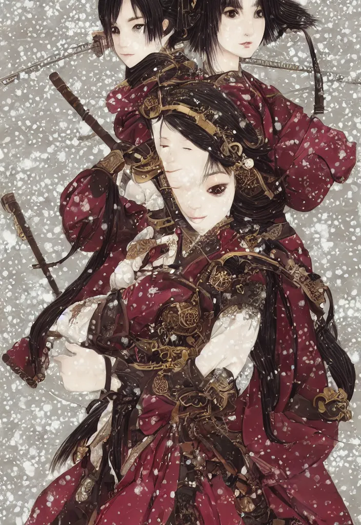 Image similar to detailed portrait of steampunk girl samurai with swords and steampunk rifles, in snow forest sakura cherry blossom, hakama kimono, trending on artstation elite, elegant, luxury, by krenz cushart, junji ito, takato yamamoto, perfect face, fine details, realistic shaded, fine - face, pretty face