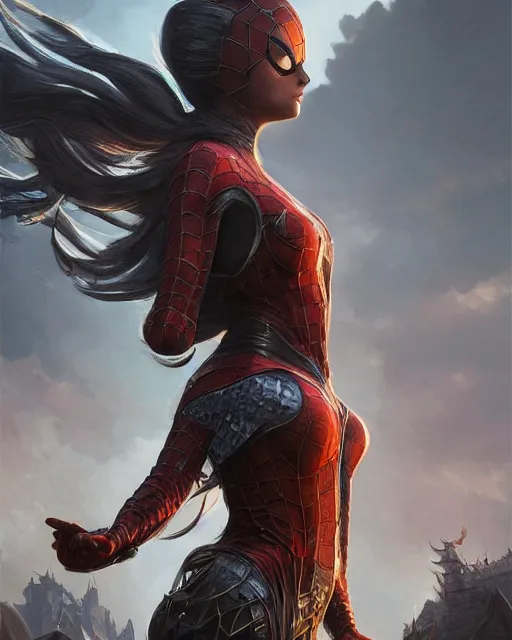 Image similar to a beautiful spiderwoman wearing a magical armor posing in a magical road town, hyper realistic face, fantasy art, in the style of greg rutkowski, illustration, epic, fantasy, intricate, hyper detailed, artstation, concept art, smooth, sharp focus