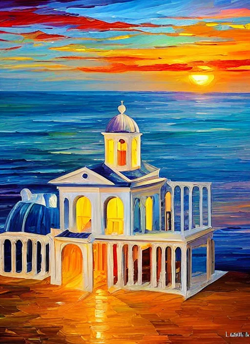 Image similar to beautiful seaside greek chapel at sunset in the style of leonid afremov