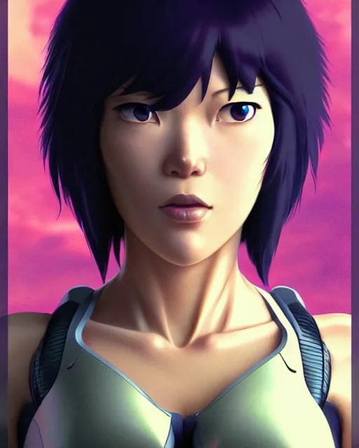 Image similar to weta disney pixar movie still portrait photo of motoko kusanagi the major ghost in the shell : : as cyborg woman by pixar : : by weta, wlop, ilya kuvshinov, rossdraws, artgerm, marvel, maxim cover, latex, octane render, sweaty, iridescent, bright morning, anime, liosh, mucha : :