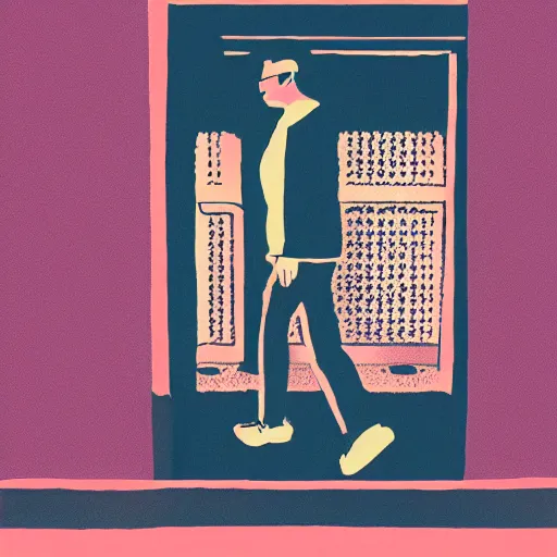 Image similar to a risograph print of a man walking into a New York City subway station