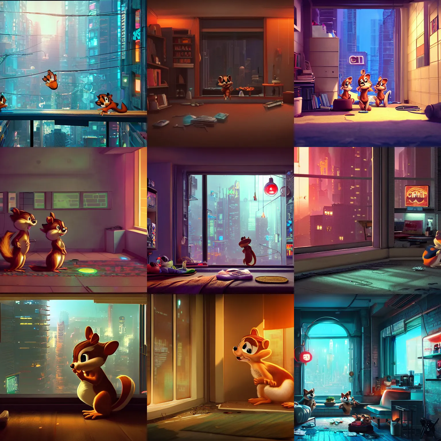 Image similar to Chip and Dale chipmunks in the apartment room in a cyberpunk city, soft god rays from city lights outside the window, unreal engine 5, soft neon atmosphere, photorealistic, soothing colors, somber melancholic matte painting, hyperrealism, hyperrealistic, cinematic masterpiece, cyberpunk style 8k ultrahd octane render