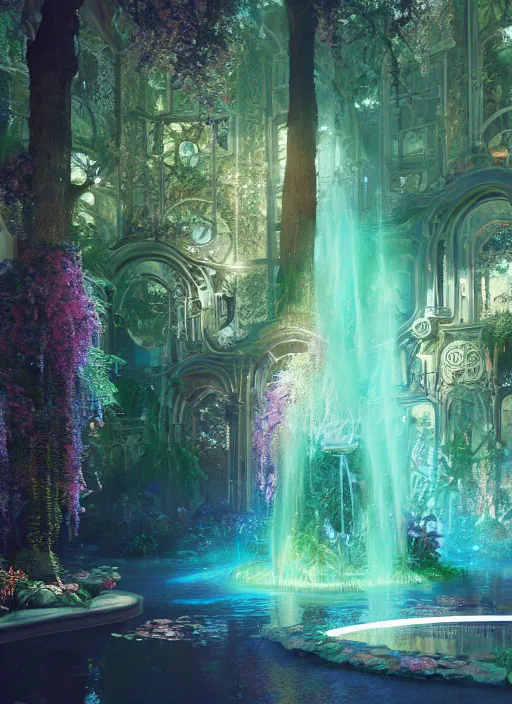 Image similar to beauteous sumptuous, with incredible iridescent pearlescent voluminous fluorescent neon indirect soft glow cinematic lighting, fountain of youth, secret garden, crystalline masterpiece incrustations, hyperdetailed features, movie still, intricate, octane render, cinematic forest lighting, unreal engine, crepuscular rays, god rays