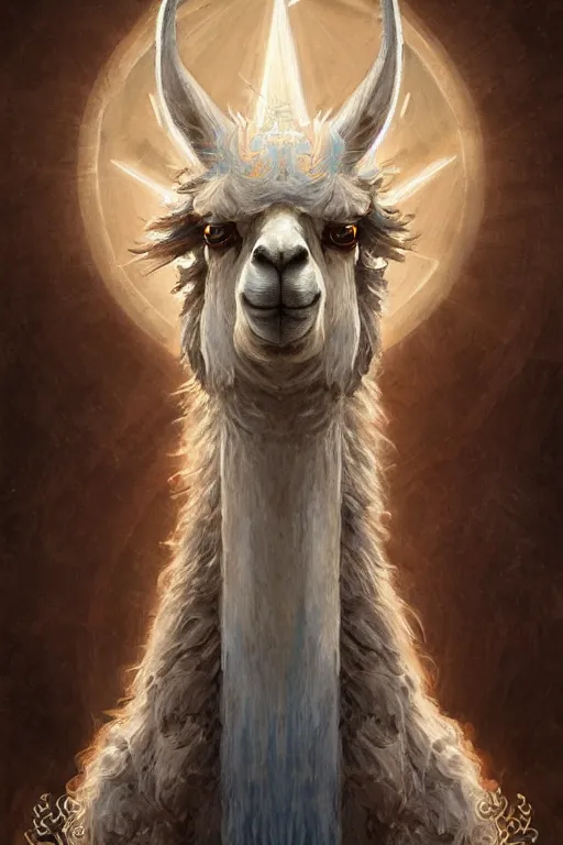 Prompt: Portrait of a Llama, D&D, blue eyes, face, fantasy, sacred halo, byzantine iconography, dark runic gothic, intricate, elegant, highly detailed, digital painting, artstation, concept art, smooth, sharp focus, illustration, art by artgerm and greg rutkowski and alphonse mucha, daily deviation