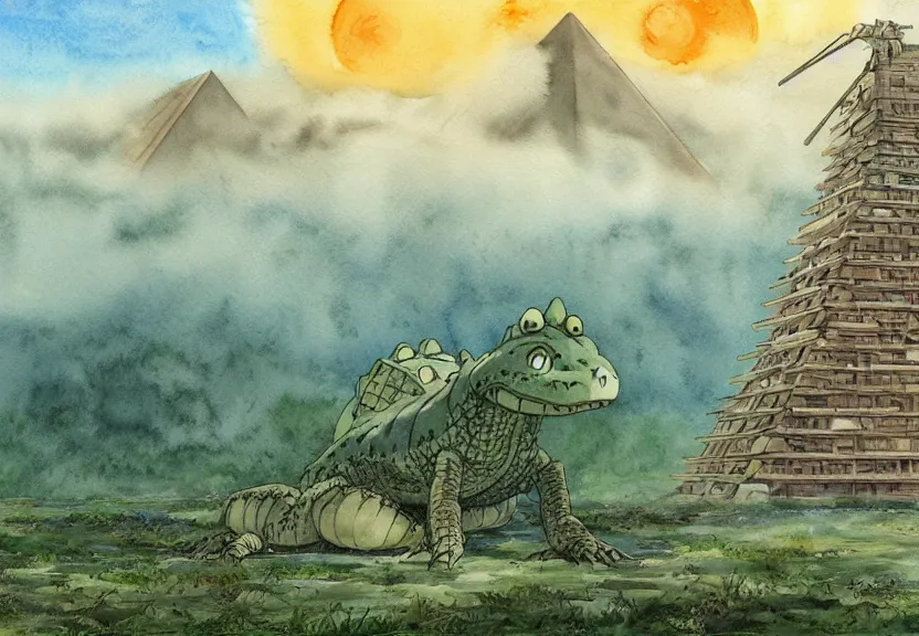 Image similar to a hyperrealist watercolor concept art from a studio ghibli film showing a giant beige mechanized crocodile from howl's moving castle ( 2 0 0 4 ). a pyramid is under construction in the background, in the rainforest on a misty and starry night. by studio ghibli