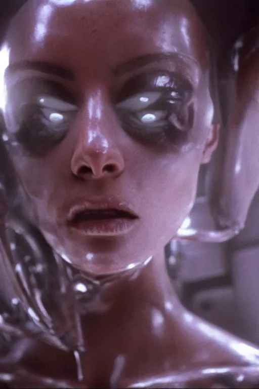 Image similar to film still of kim kardashian in the movie Alien, alien spider attached to her face as she tries to resist, scary, cinematic shot, 4k.