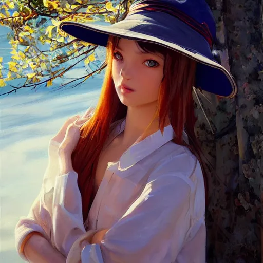 Image similar to oil painting by ilya kuvshinov,, baugh casey, artgerm craig mullins, coby whitmore, of a youthful anime girl, long hair, fishing and wearing fisherman's outfit, fisherman's hat, highly detailed, breathtaking face, studio photography, noon, intense bounced light, water reflection, large tree casting shadow, serine intense sunlight