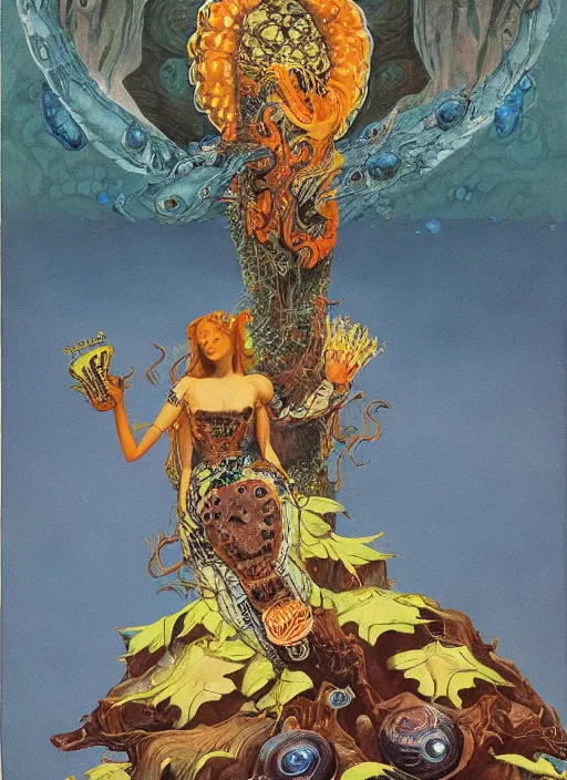 Prompt: a queen on top of a giant tardigrade retro japanese monster slimy leather, oil painting, 7 0 s vintage art, by georgia o keeffe, by kay nielsen, by gustave dore, by frank frazetta, nausicaa