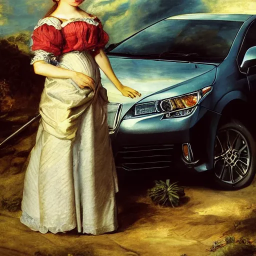 Image similar to heavenly summer sharp land sphere scallop well dressed lady standing next to a toyota corolla, auslese, by peter paul rubens and eugene delacroix and karol bak, hyperrealism, digital illustration, fauvist, standing next to a toyota corolla