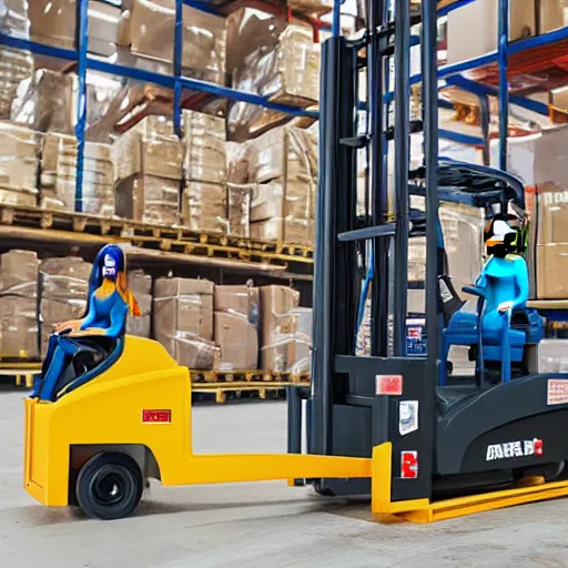 Image similar to barbie doll in construction gear, driving a fork - lift, in front of a large warehouse