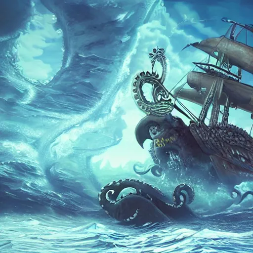 Image similar to kraken destroying a large galleon, ocean, photo realistic