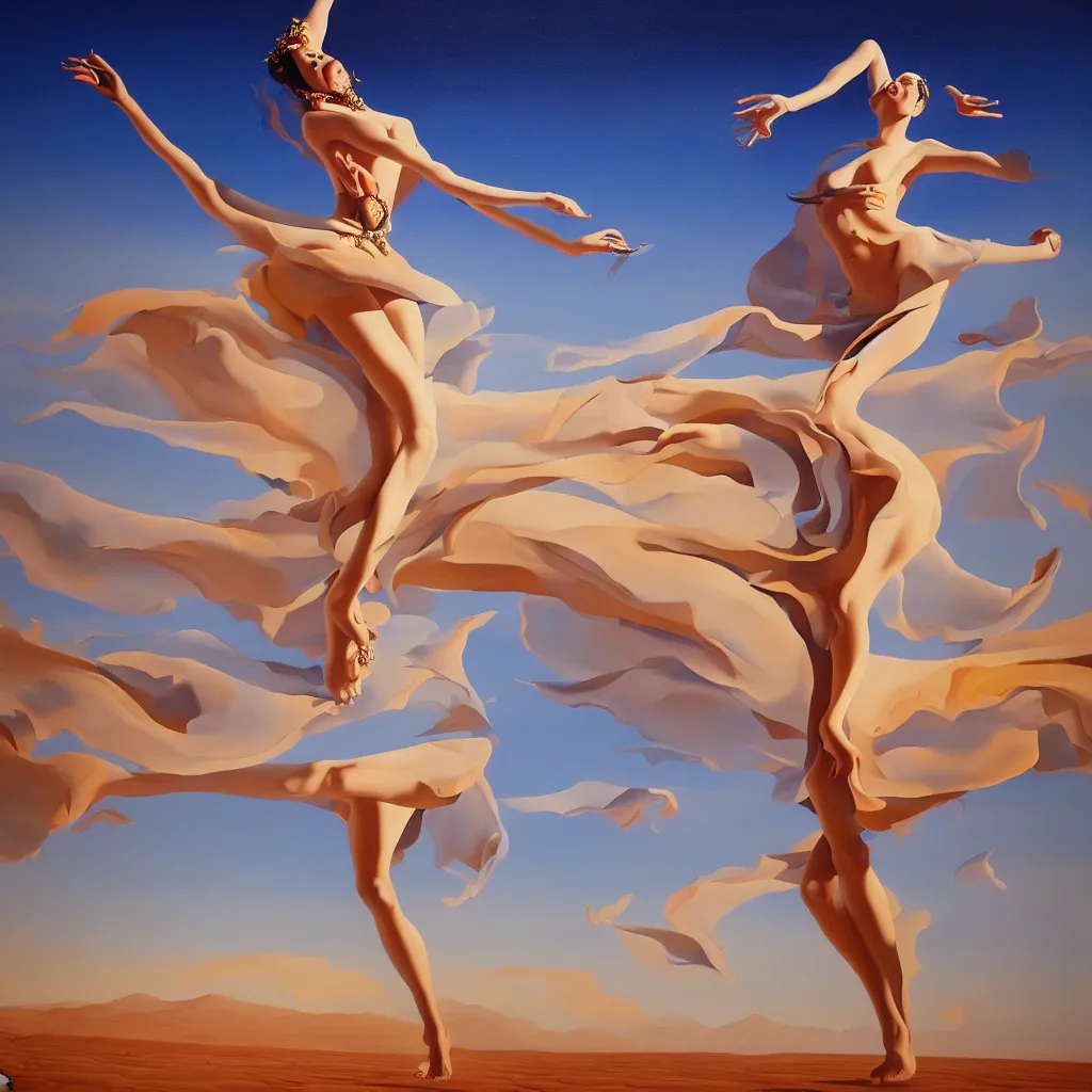Prompt: goddess dancing in desert, in the style of dali, oil on canvas, masterpiece, trending on artstation, featured on pixiv, cinematic composition, beautiful lighting, sharp, details, hyper - detailed, hd, hdr, 4 k,