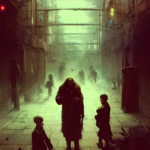 Image similar to dark alley full of homeless children being questioned by a futuristic cop, somber, by beksinski and jeremy mann and alphonse mucha and stan lee, fantasy art, photo realistic, dynamic lighting, artstation, poster, volumetric lighting, very detailed faces, award winning