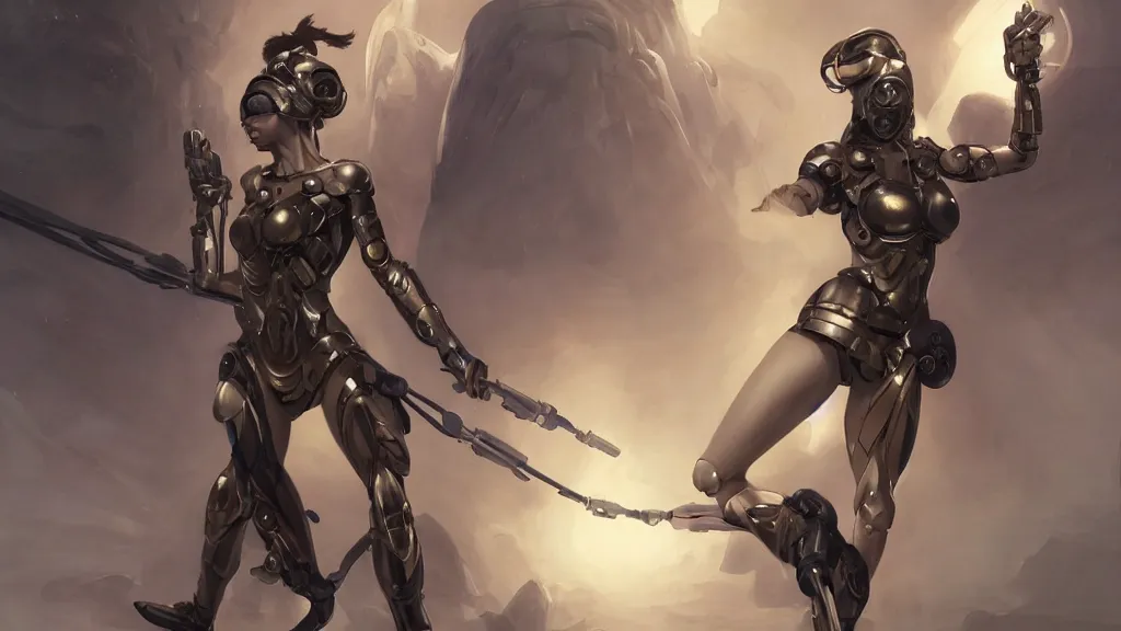 Prompt: modern elegant female cyborg greek goddess, futuristic goggles, space opera, feminine, powerful, beautiful, upper body, muscular, armour, highly detailed, digital painting, ghibli animated film, volumetric lighting, octane render, artstation, concept art, smooth, sharp focus, illustration, by gaston bussiere, mucha, gerome, craig mullins, greg rutkowski,