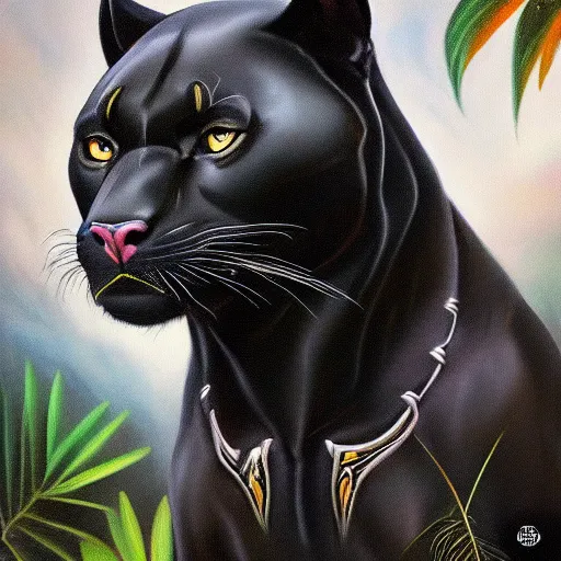 Prompt: oil on canvas of one beautiful majestic black panther. beautiful. mysterious. intricately detailed. meticulously rendered. background is a jungle. hd. trending on art station. h 7 6 8