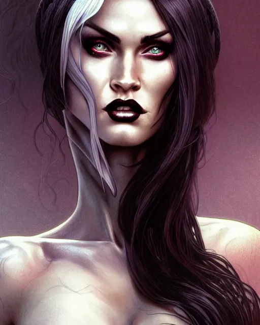 Prompt: portrait of megan fox as lady death, albino, lady death, chaos comics, coffin comics, hell, intricate, headshot, highly detailed, digital painting, artstation, concept art, sharp focus, cinematic lighting, illustration, art by artgerm and greg rutkowski, alphonse mucha, cgsociety