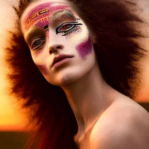 Image similar to photographic portrait of a stunningly beautiful renaissance female with abstract tribal makeup in soft dreamy light at sunset, contemporary fashion shoot, by edward robert hughes, annie leibovitz and steve mccurry, david lazar, jimmy nelsson, breathtaking, 8 k resolution, extremely detailed, beautiful, establishing shot, artistic, hyperrealistic, beautiful face, octane render