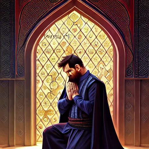 Image similar to lionel messi praying in a mosque, d & d style, fantasy, intricate, elegant, highly detailed, digital painting, artstation, concept art, matte, sharp focus, illustration, art by artgerm and greg rutkowski and alphonse mucha