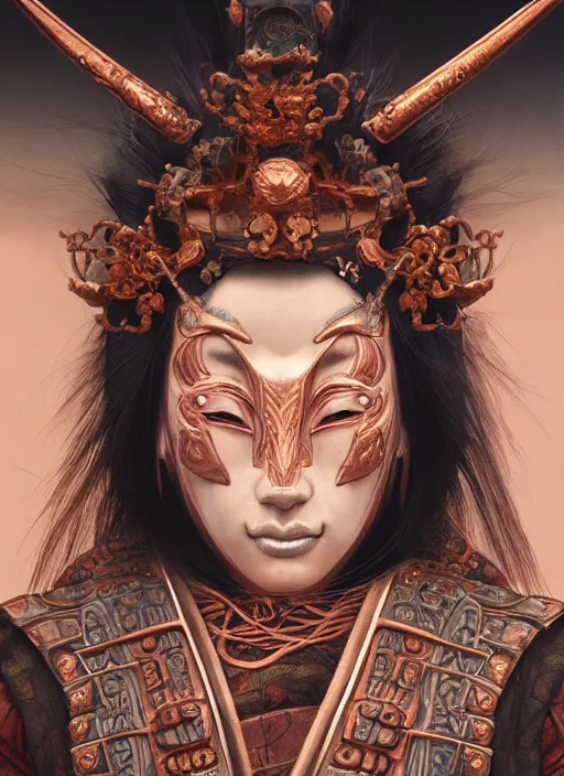 Image similar to a beautiful detailed oil on copper art illustration of a japanese samurai demon mask woman, the mask is broken, centered, by charlie bowater, zeng fanzh, trending on artstation, dim dusk lighting, cinematic lighting, detailed lighting, volumetric lighting, realistic, f 8, 4 k hd wallpaper